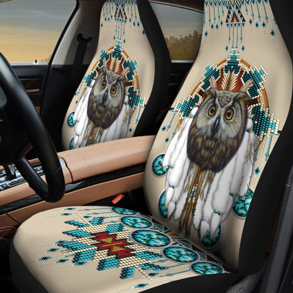 Owl Face Warbonnet Green Yellow Dots Native American Pattern Skin Color Background Car Seat Covers