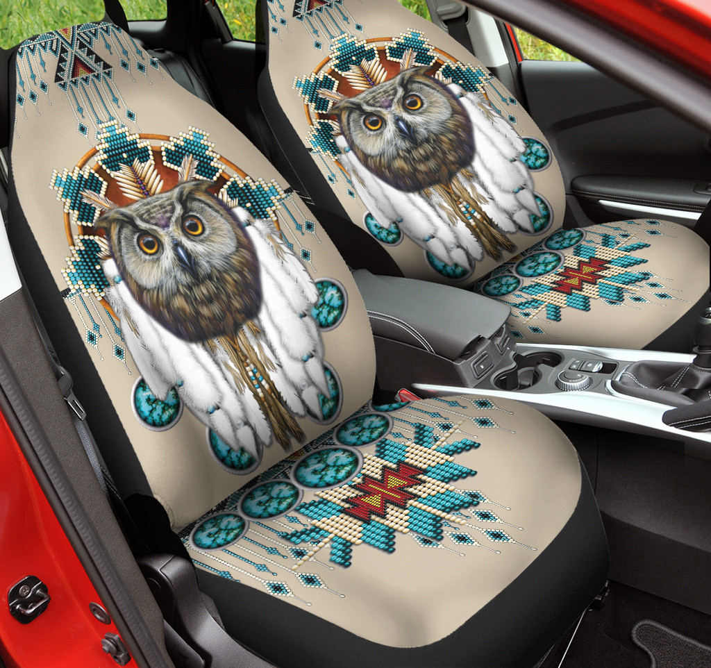 Owl Face Warbonnet Green Yellow Dots Native American Pattern Skin Color Background Car Seat Covers