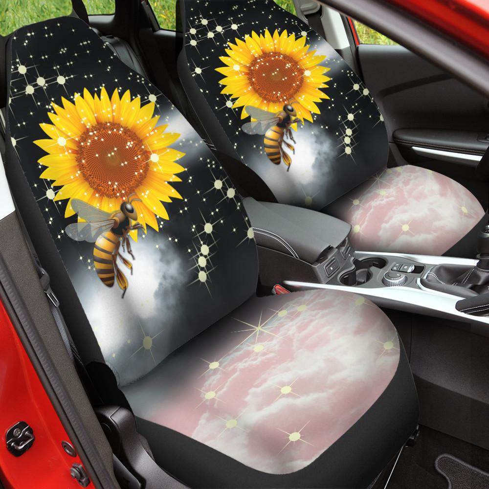 Sunflower With Bee Glitter Effect Black And Pink Background Car Seat Covers