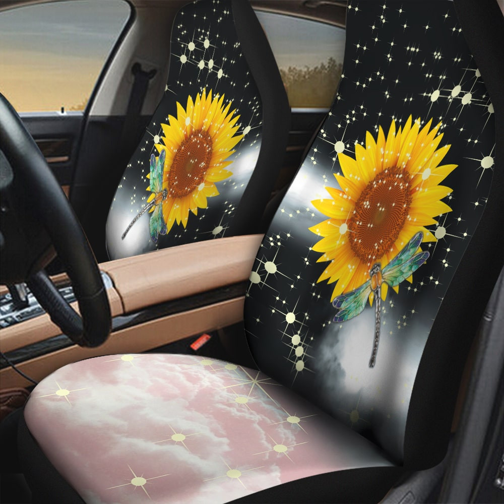 Sunflower With Dragonfly Glitter Effect Black And Pink Background Car Seat Covers
