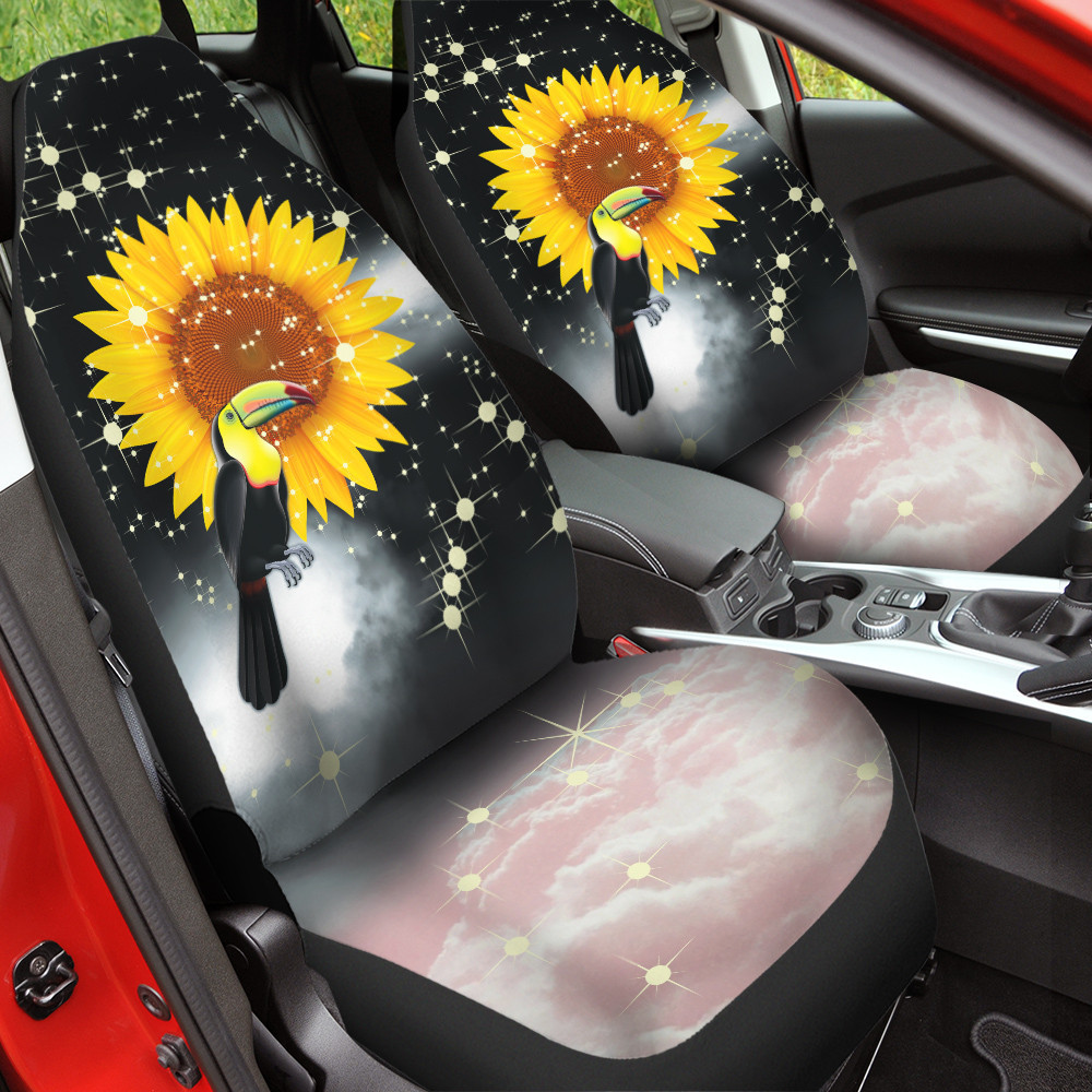 Sunflower With Tropical Bird Toucan Glitter Effect Black And Pink Background Car Seat Covers
