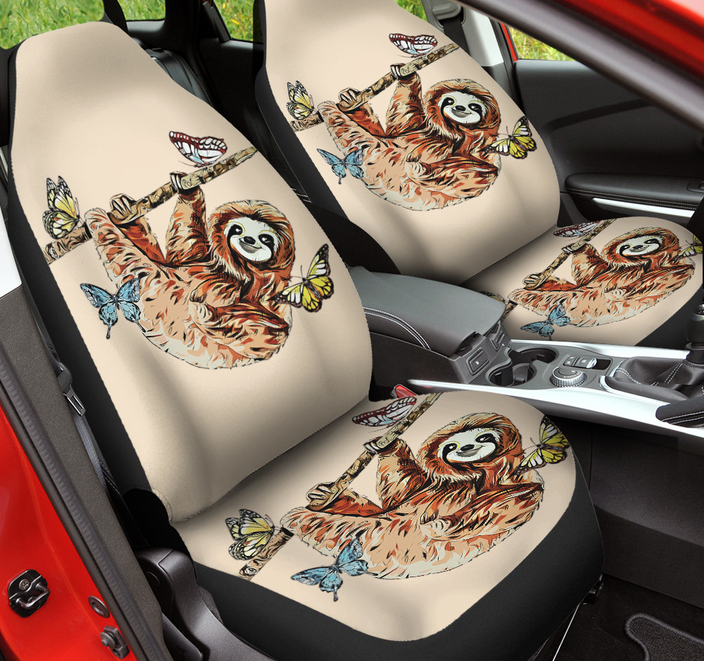 Sloth And Colorful Butterfly Begie Color Car Seat Cover