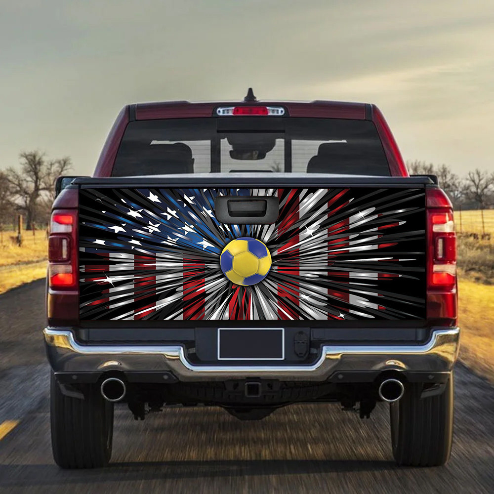 Yellow And Blue Soccer Ball Inside America Flag Tailgate Decal Car Back Sticker