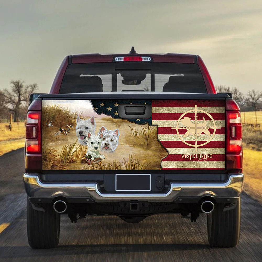 Westie Hunting America Flag Tailgate Decal Car Back Sticker