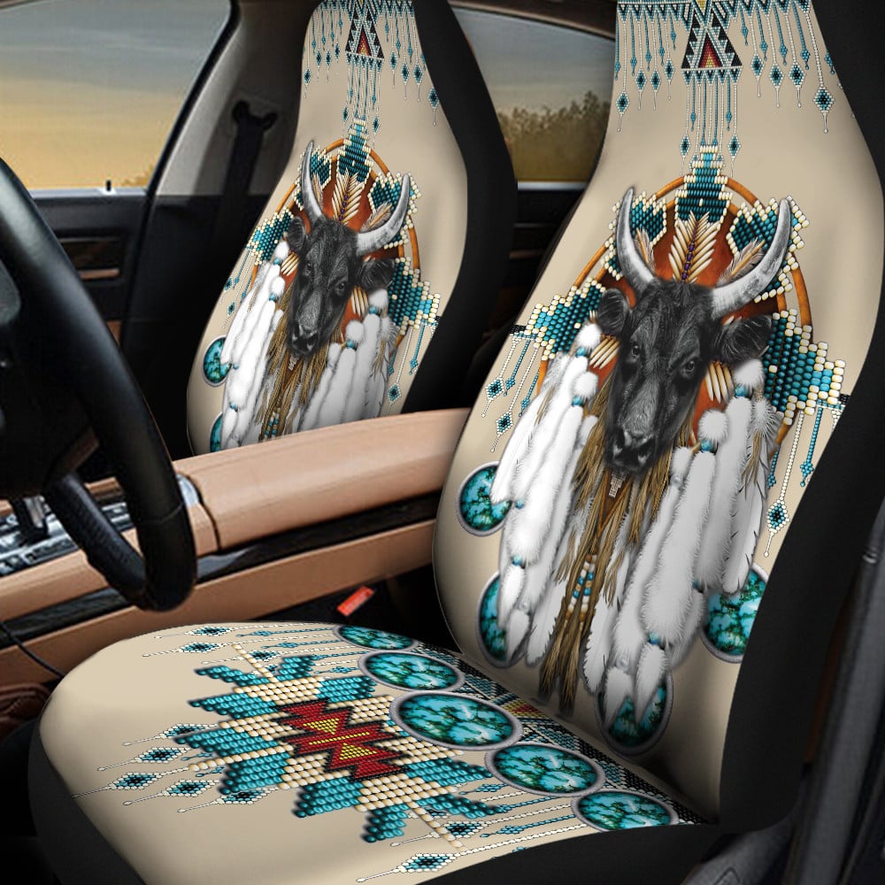 Black Goat Head Warbonnet Green Yellow Dots Native American Pattern Skin Color Background Car Seat Covers
