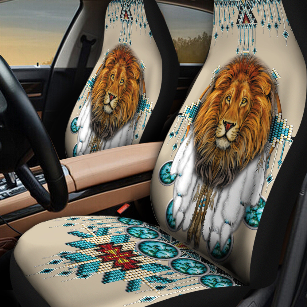 Giant Lion Face Warbonnet Green Yellow Dots Native American Pattern Skin Color Background Car Seat Covers