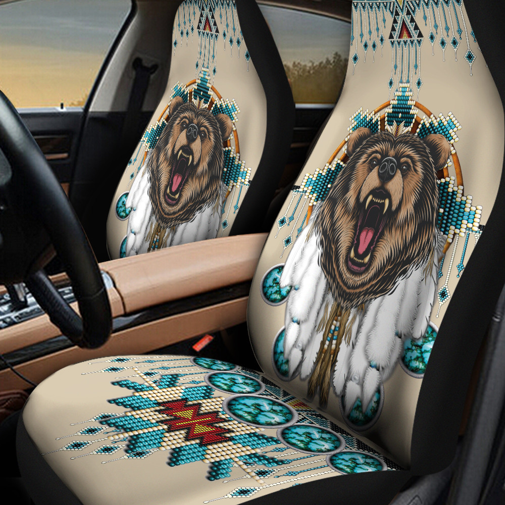 Howling Brown Bear Warbonnet Green Yellow Dots Native American Pattern Skin Color Background Car Seat Covers