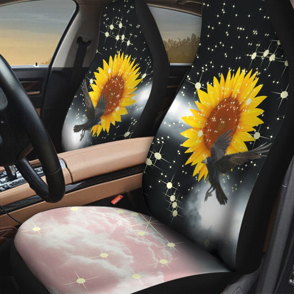 Sunflower With Common Raven Glitter Effect Black And Pink Background Car Seat Covers
