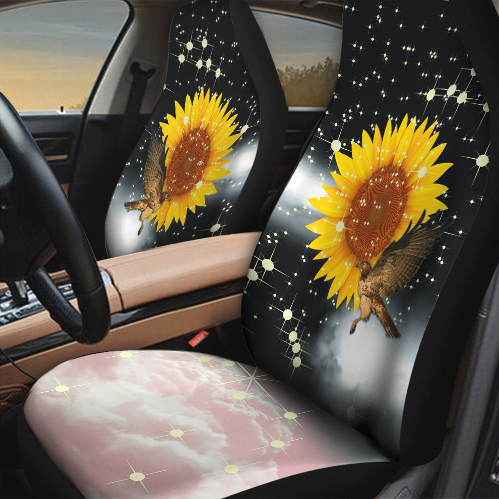 Sunflower With Red Tailed Hawk Glitter Effect Black And Pink Background Car Seat Covers