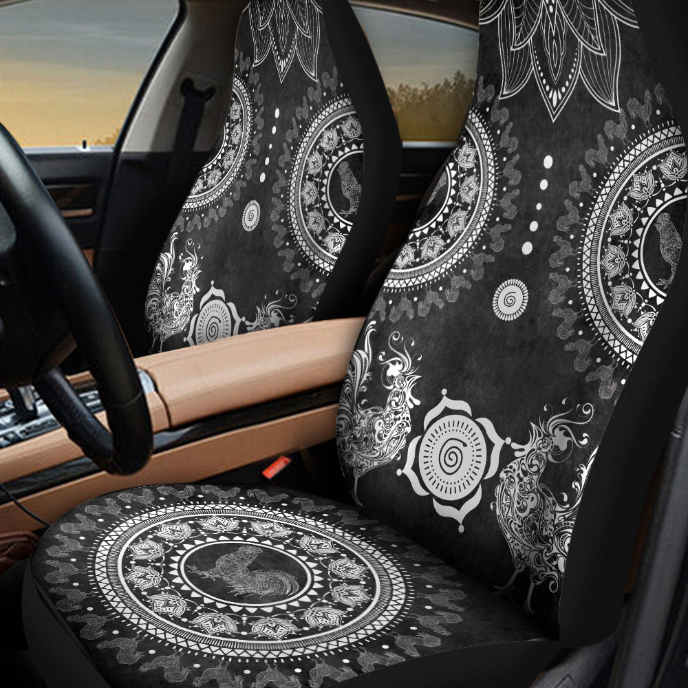 Two Roosters Mandala Black Pattern Car Seat Cover