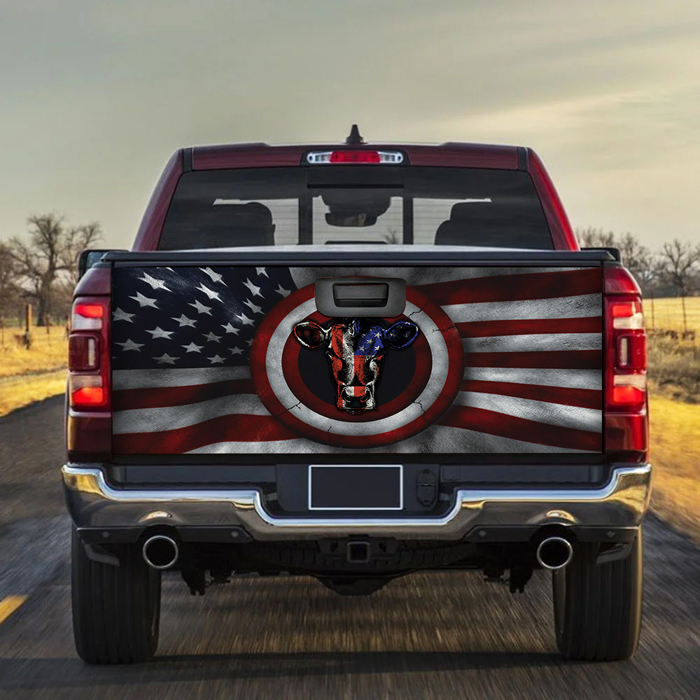 Cow Portrait American Flag Inside America Shield Tailgate Decal Car Back Sticker