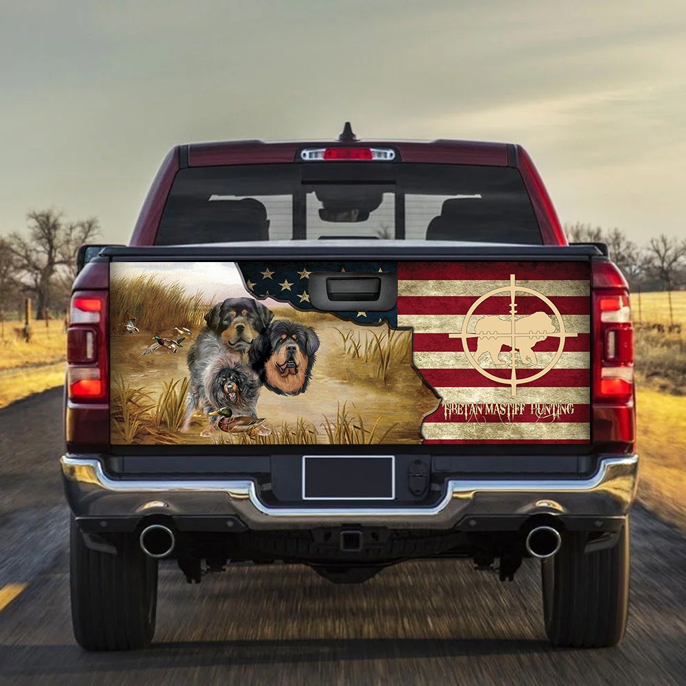 Tibetan Mastiff Hunting America Flag Tailgate Decal Car Back Sticker