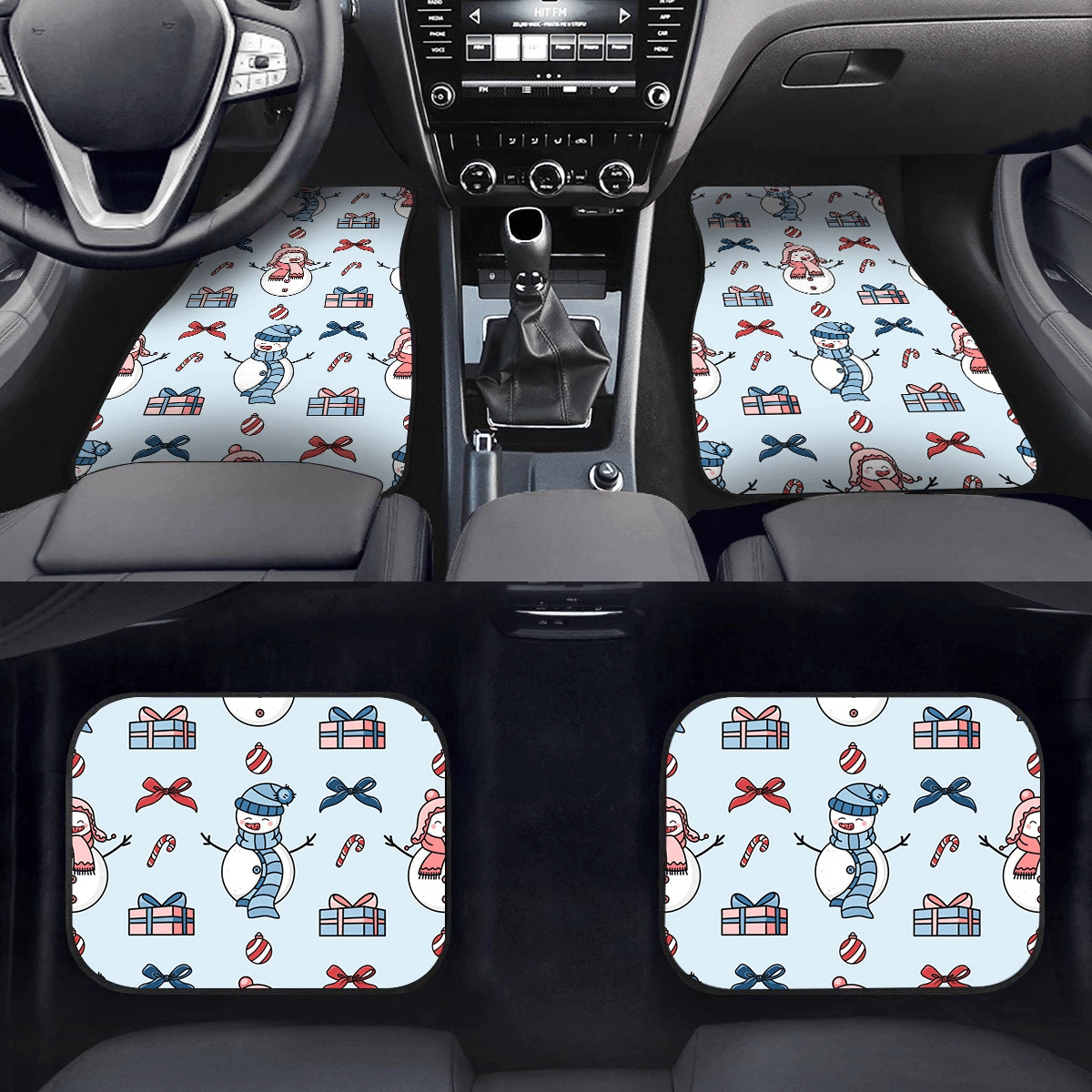 Candy Cane Gift And Christmas Snowman In Scarf Car Mats Car Floor Mats
