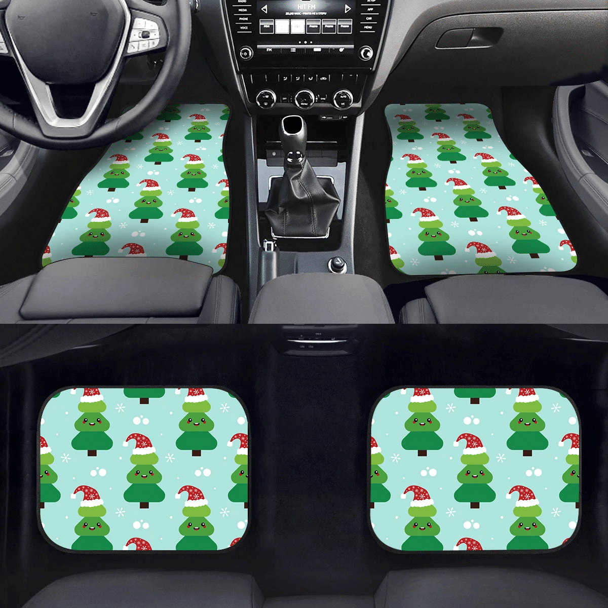 Cute Christmas Tree In Santa Hat And Snowflakes Car Mats Car Floor Mats