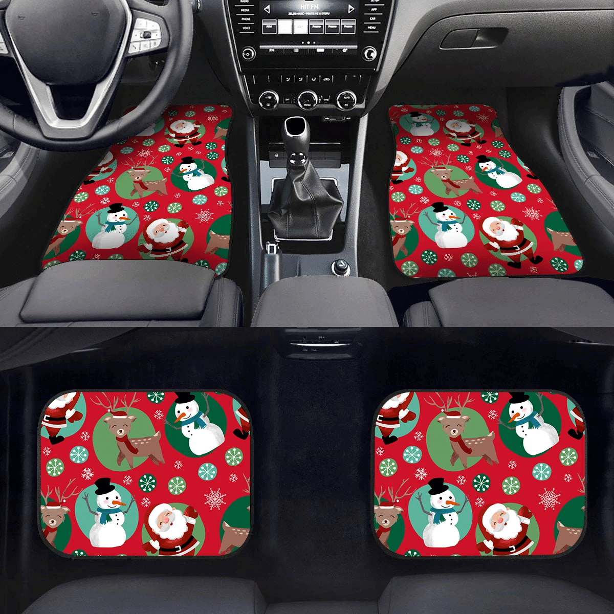 Christmas Winter Circled Reindeer Santa Claus And Snowman Car Mats Car Floor Mats