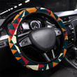 Red Maze Geometric Seamless Pattern With Grunge Printed Car Steering Wheel Cover