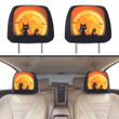 Cats Silhouette Giant Yellow Moon Halloween Car Headrest Covers Set Of 2