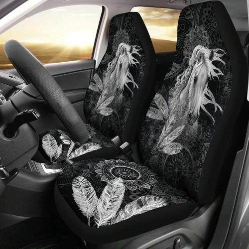 Free Spirit White Horse Feather Black Car Seat Covers