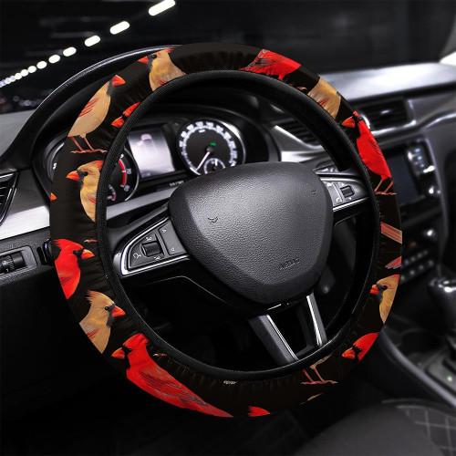 Seamless Northern Cardinal Bird Pattern Black Printed Car Steering Wheel Cover