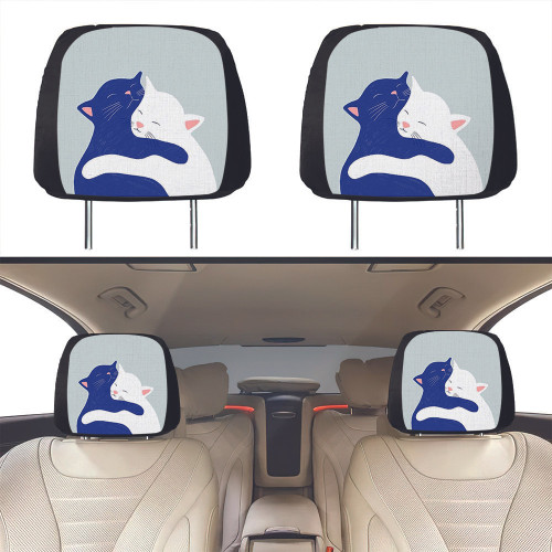 Cat Hugging Each Other Art White Car Headrest Covers Set Of 2