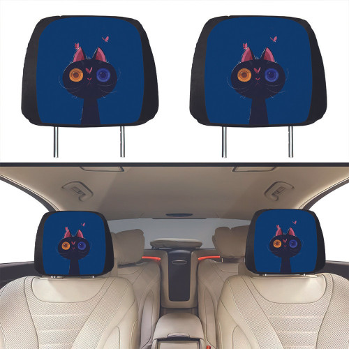 Two Eye Colored Cat Art Blue Car Headrest Covers Set Of 2
