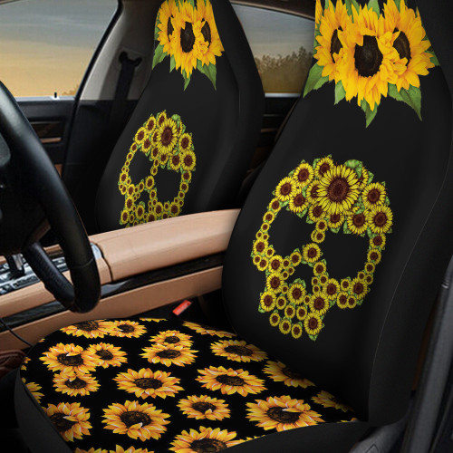 Skull And Sunflowers In Black Background Car Seat Cover