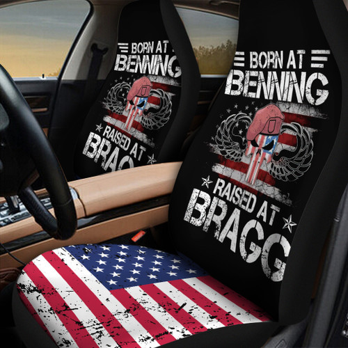 Born At Benning Raised At Bragg With Skull In Black Car Seat Cover