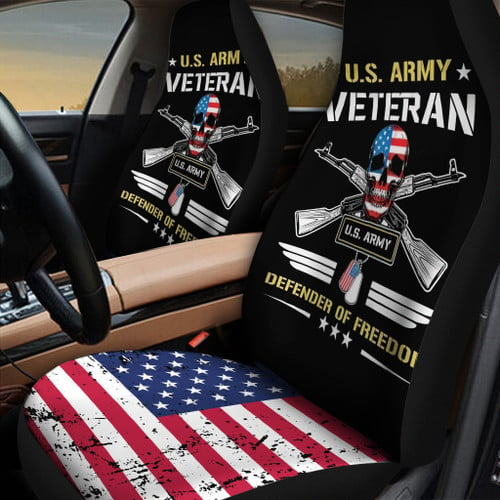 Us Army Veteran Defender Of Freedom With Skull And Gun In Black Car Seat Cover