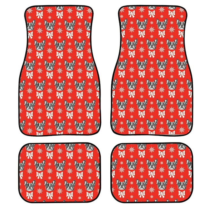 Bulldogs Snowflakes And Bows On A Red Background Car Mats Car Floor Mats