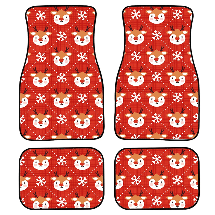 Lovely Reindeer Faces And Snowflakes On Red Tartan Background Car Mats Car Floor Mats