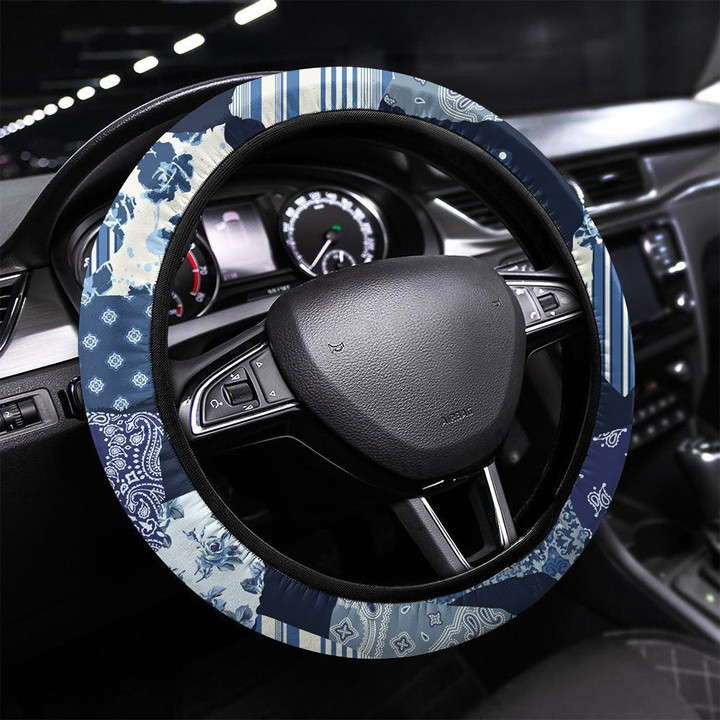 Paisley Floral Arabesque Dot Stripe Fabric Patch Printed Car Steering Wheel Cover