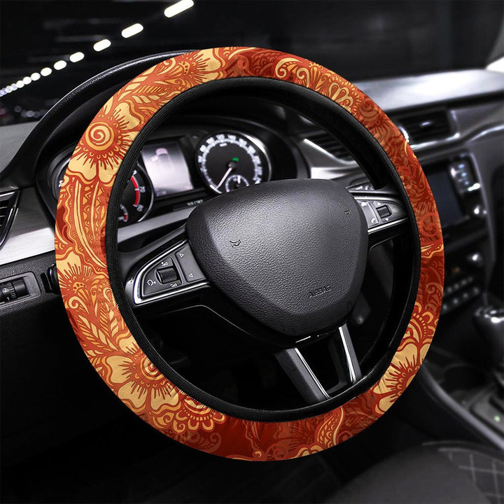 Chocolate Colors Floral Seamless Pattern In Indian Printed Car Steering Wheel Cover