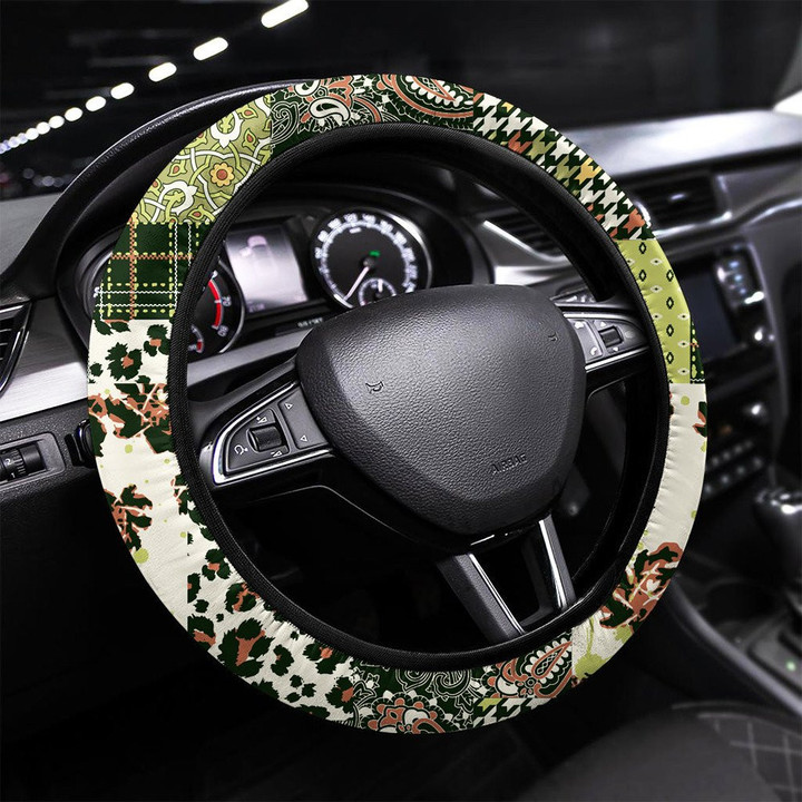 Camouflage Tartan Paisley Floral Fabric Collage Printed Car Steering Wheel Cover