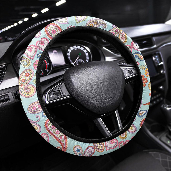 Hand Drawn Decorative Seamless Pattern With Paisle Printed Car Steering Wheel Cover