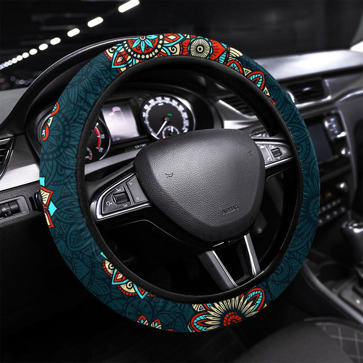 Ethnic Paisley Pattern With Buta Motifs Printed Car Steering Wheel Cover