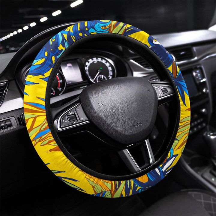 Seamless Pattern Ink Hand Drawn Tropical Palm Printed Car Steering Wheel Cover