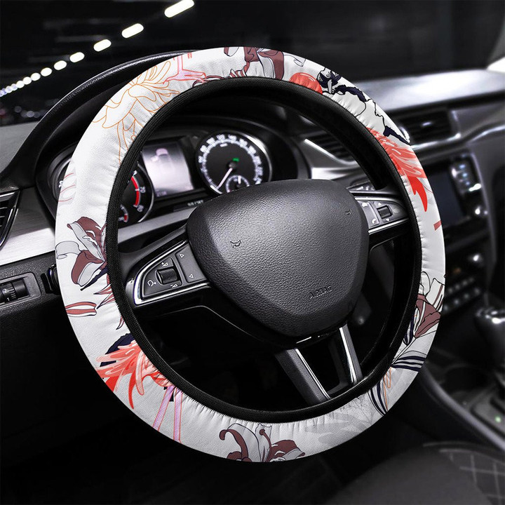Hand Drawing Seamless Pattern With Pink Flamingo Printed Car Steering Wheel Cover