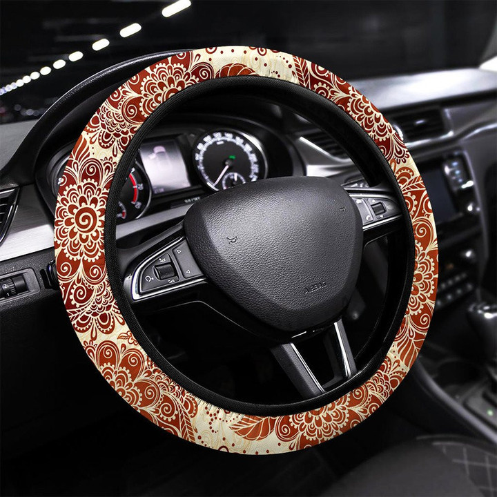 Floral Seamless Pattern In Indian Mehndi Style Printed Car Steering Wheel Cover