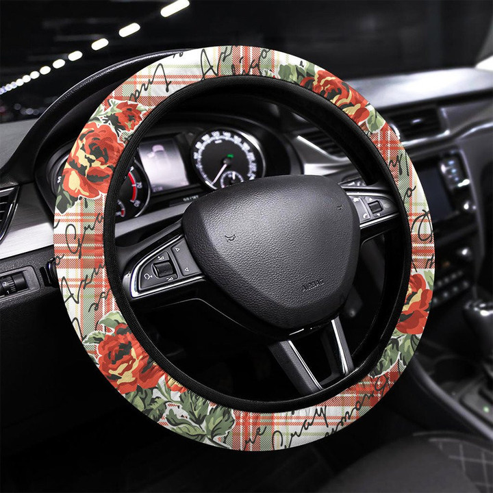 Roses Flowers With Typography And Tartan Plaid Printed Car Steering Wheel Cover