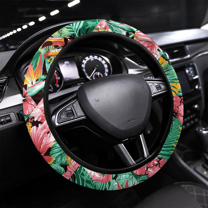 Camouflage With Tropical Leaves And Leopard Skin Printed Car Steering Wheel Cover