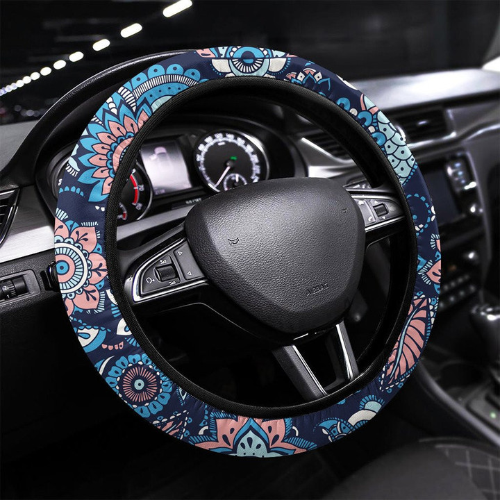 Seamless Pattern With Exotic Trees And Animals Printed Car Steering Wheel Cover