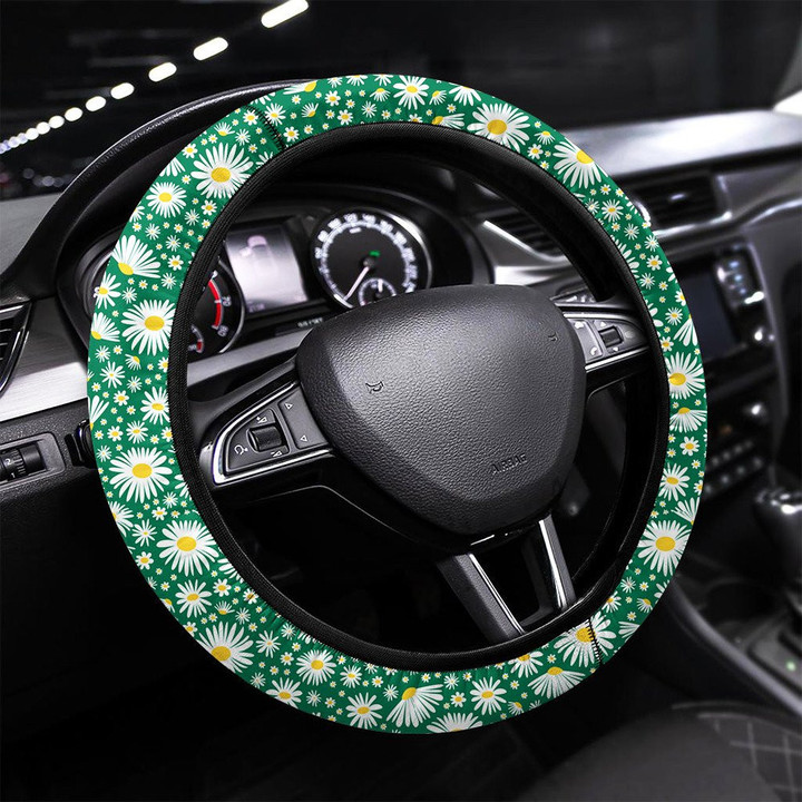 Wild Chamomile Seamless Floral Background Printed Car Steering Wheel Cover