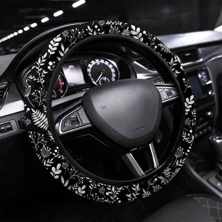 Seamless Abstract Flowers Pattern White Gray Printed Car Steering Wheel Cover