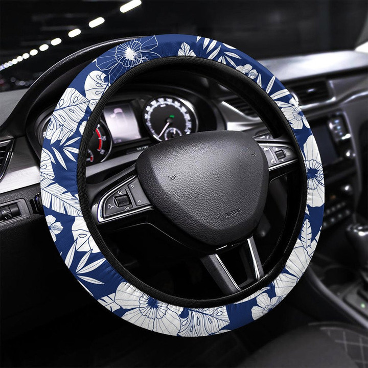 Blue Drawing Tropical Summer Hawaiian Printed Car Steering Wheel Cover