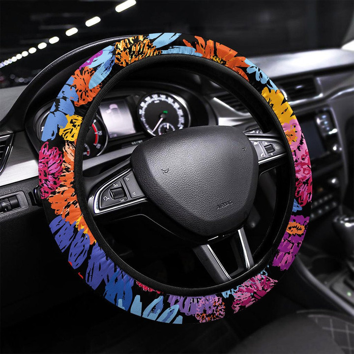 Hawaii Surfing With Hibiscus Flowers Patchwork Printed Car Steering Wheel Cover