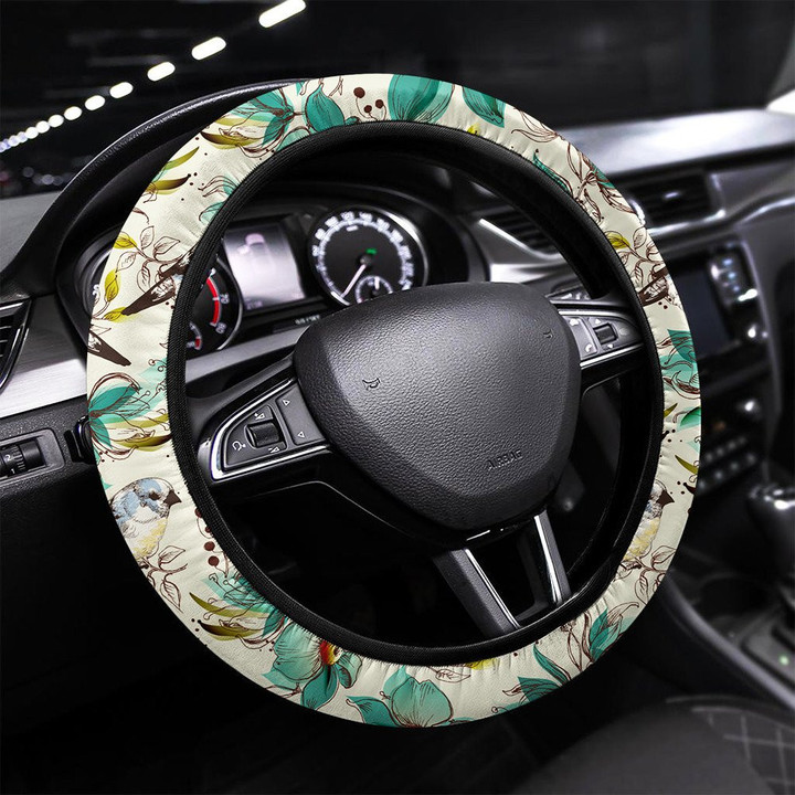 Retro Seamless Pattern Cute Flowers And Birds Printed Car Steering Wheel Cover