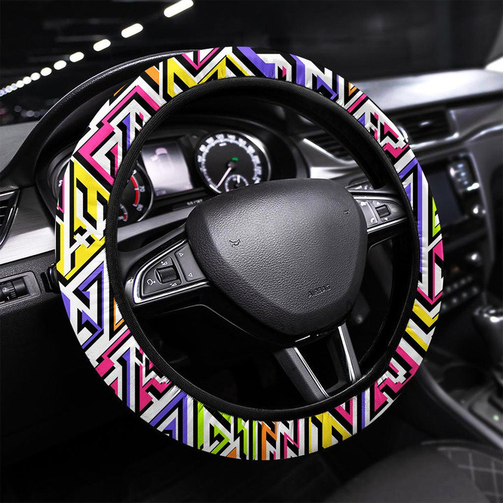 Neon Geometric Seamless Pattern With Grunge Effect Printed Car Steering Wheel Cover