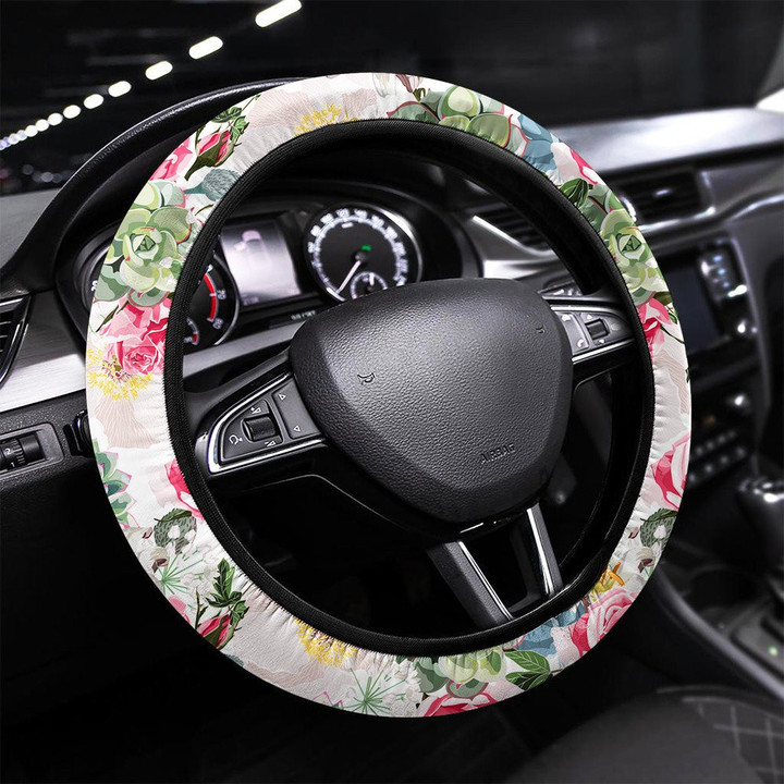 Spring Blossom Floral Seamless Pattern Printed Car Steering Wheel Cover