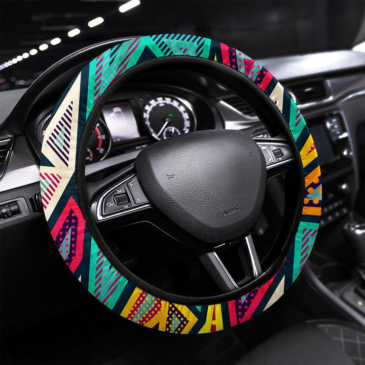 Colored Spiral Lines Seamless Pattern With Grunge Printed Car Steering Wheel Cover