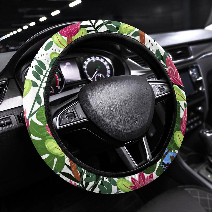 Seamless Pattern With Proteas And Butterflies Printed Car Steering Wheel Cover